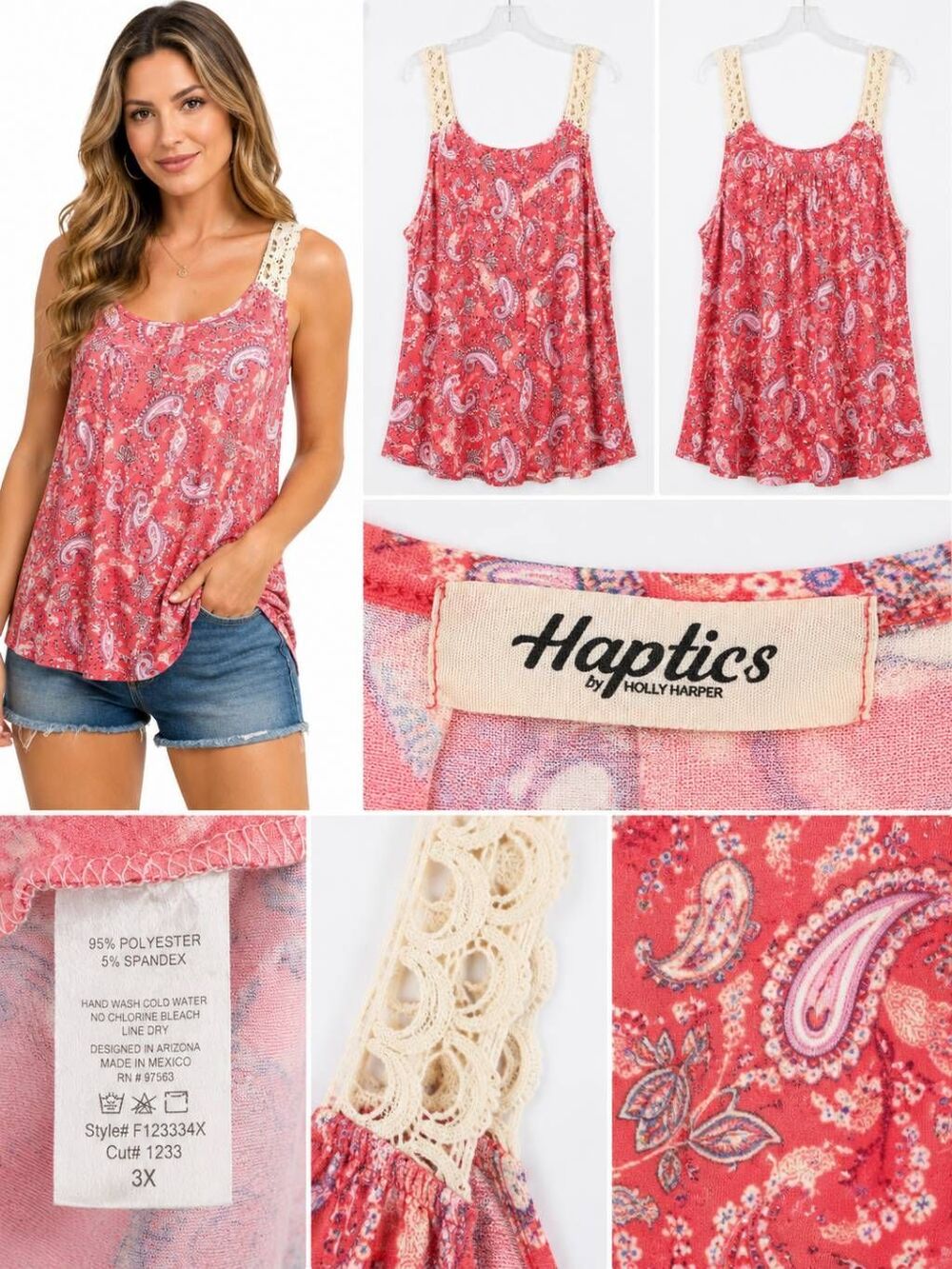 Haptics Size 3X Coral Paisley Crochet Strap Tank Top